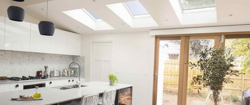 skylights built into a large modern kitchen