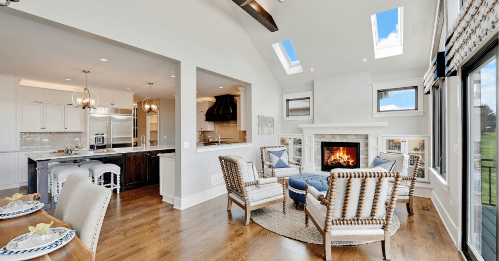 large living room with skylights